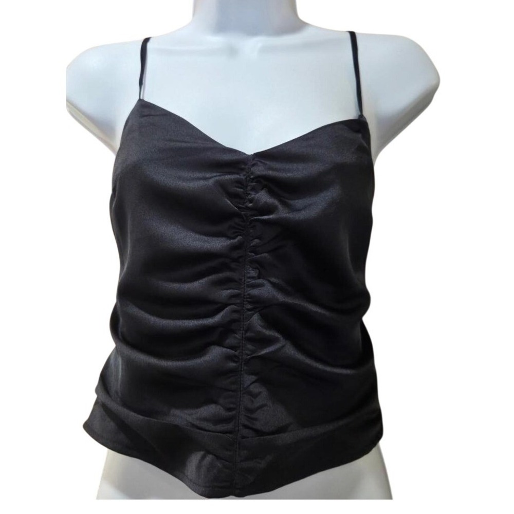 Abercrombie & Fitch Black Satin Ruched Camisole Spaghetti Strap V-Neck Cami Sz S